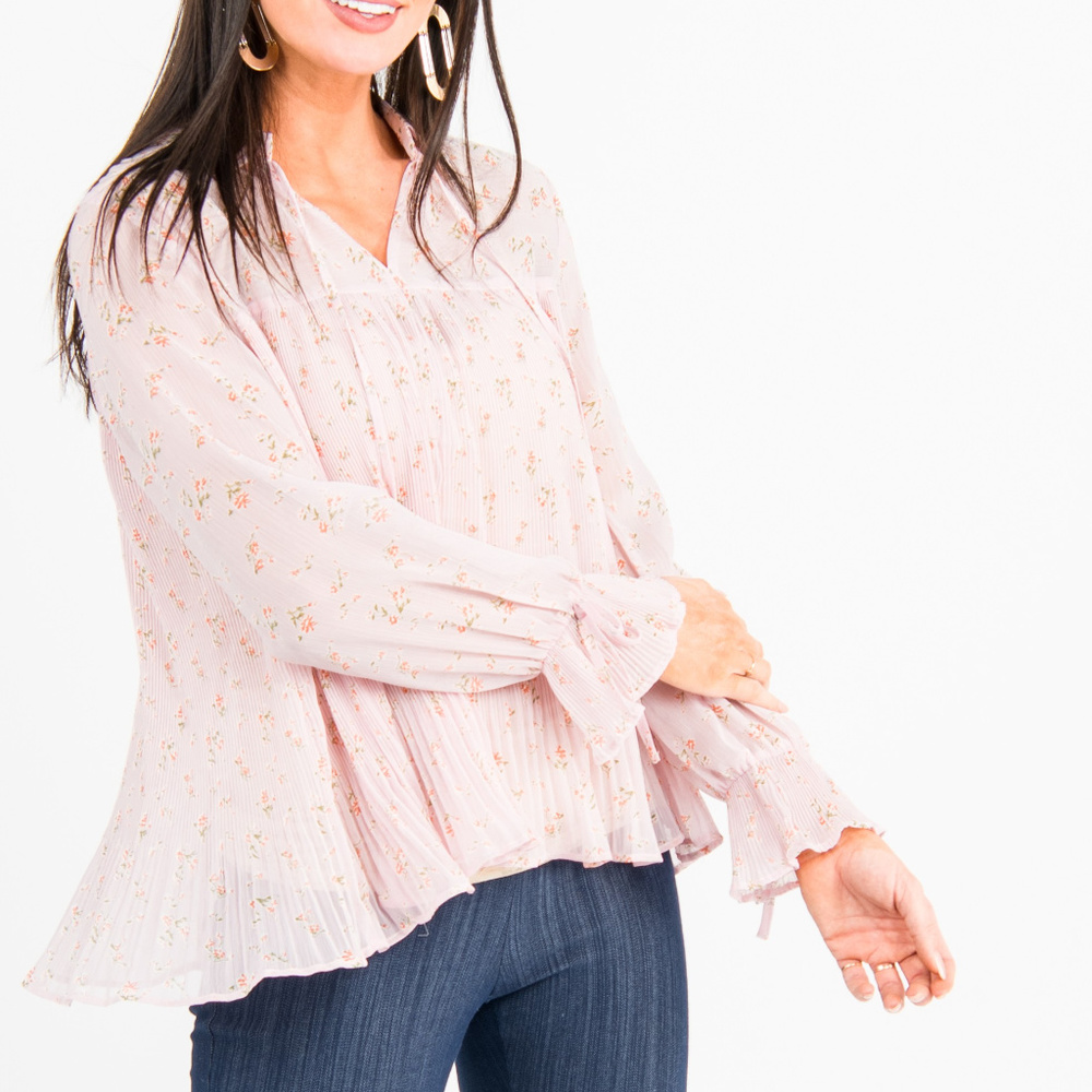 Pleated Bell Sleeve Top Blush Floral